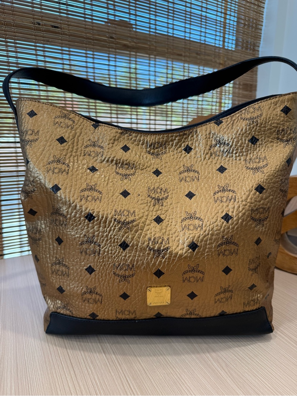 MCM Metallic Gold Visetos Tote with Black Trim